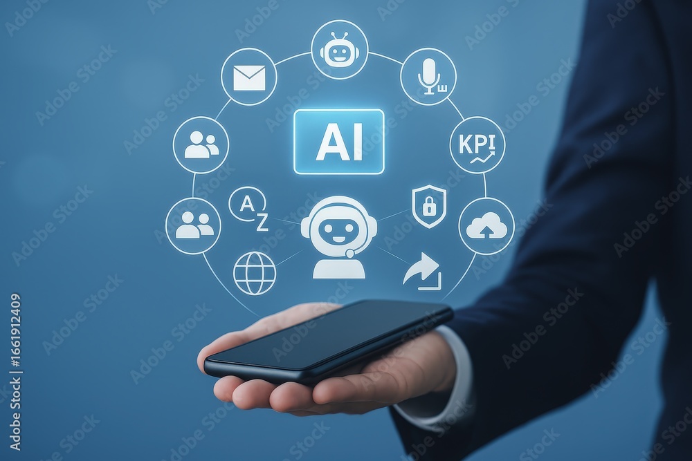 Poster a modern hand holds a smartphone, displaying a network of connected artificial intelligence icons, s