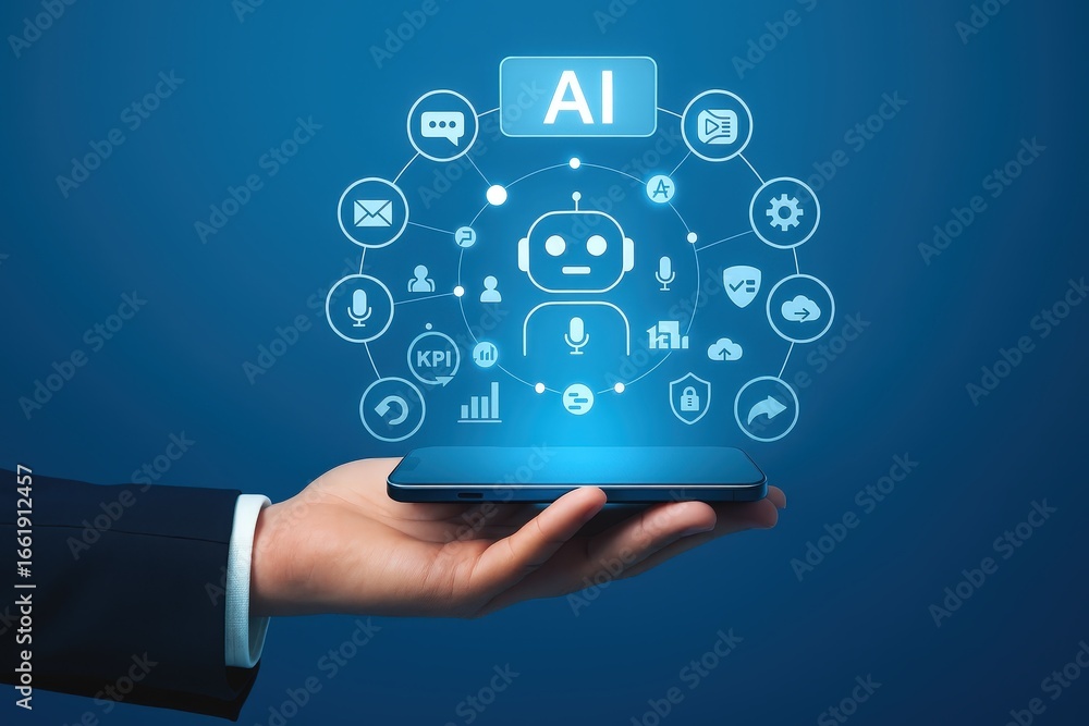 Poster A hand holds a smartphone displaying a graphic representation of artificial intelligence applications.