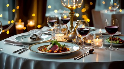 Elegant dinner table setup with wine glasses delicious food and glowing candles creating romantic warm atmosphere