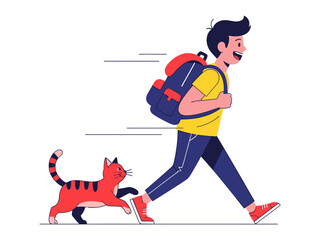 Fototapeta premium Adventure Bound: A cheerful youth strides forward, a vibrant feline companion by his side, embarking on an animated journey fueled by curiosity and companionship.