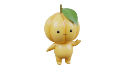 A charming 3D rendered yellow fruit-like character with a green leaf on its head, standing cheerfully with one arm raised.