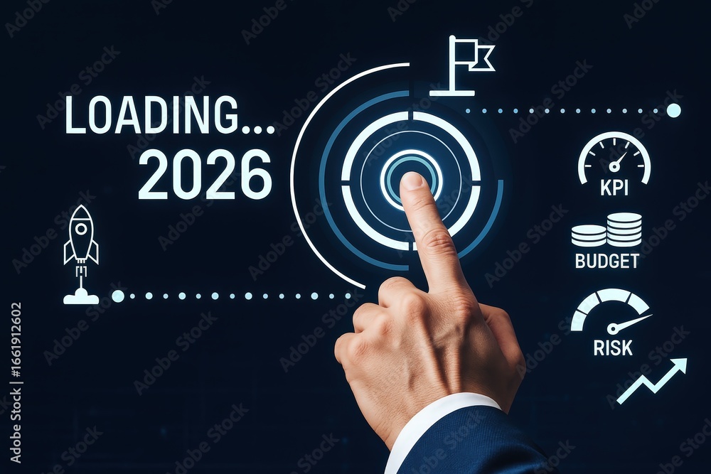 Poster a hand interacts with a futuristic interface, displaying key performance indicators, budget, and ris