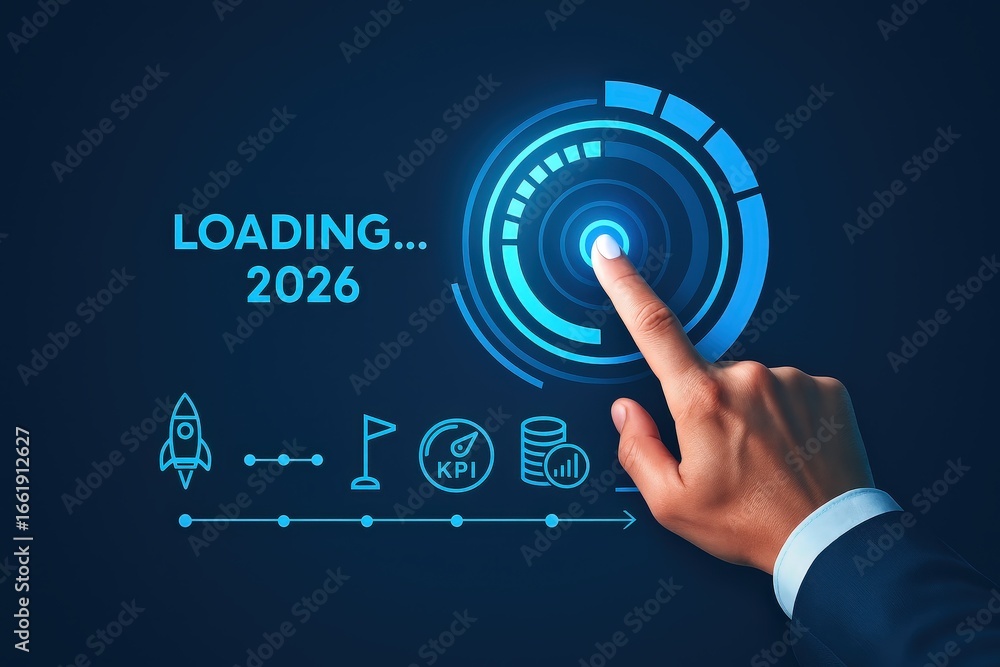 Poster a hand touches a glowing interface, visualizing progress towards 2026 goals, highlighting key perfor