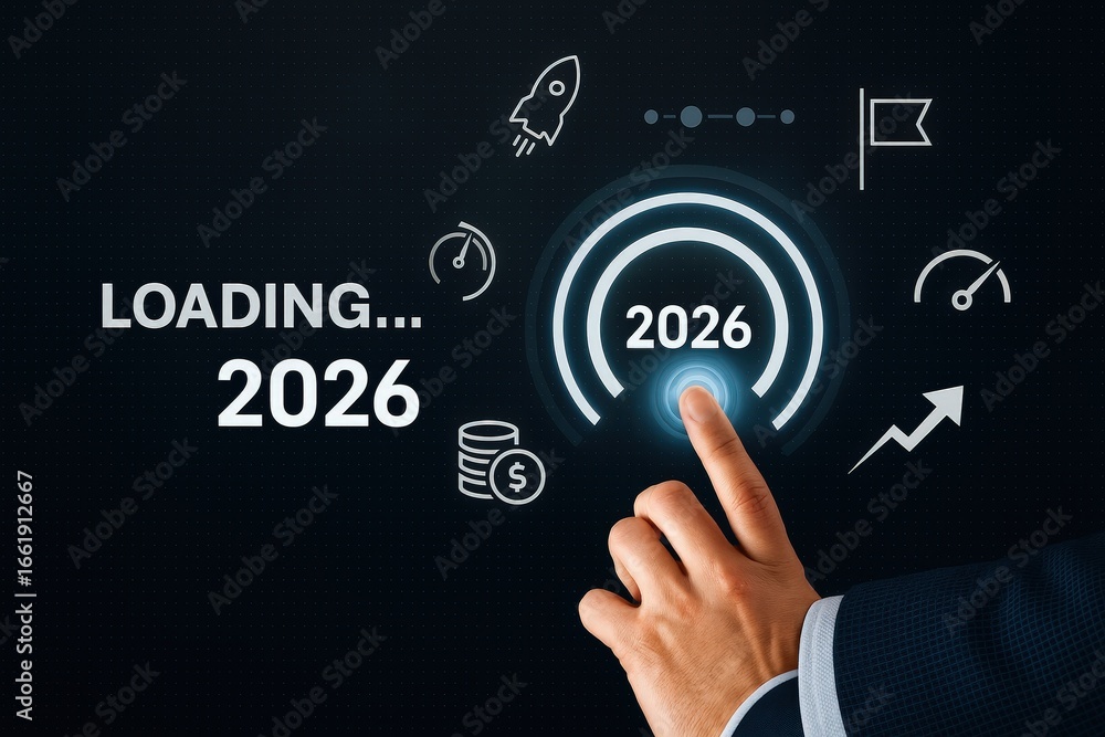 Aufkleber a hand presses a glowing 2026 button on a futuristic interface, surrounded by progress indicators an
