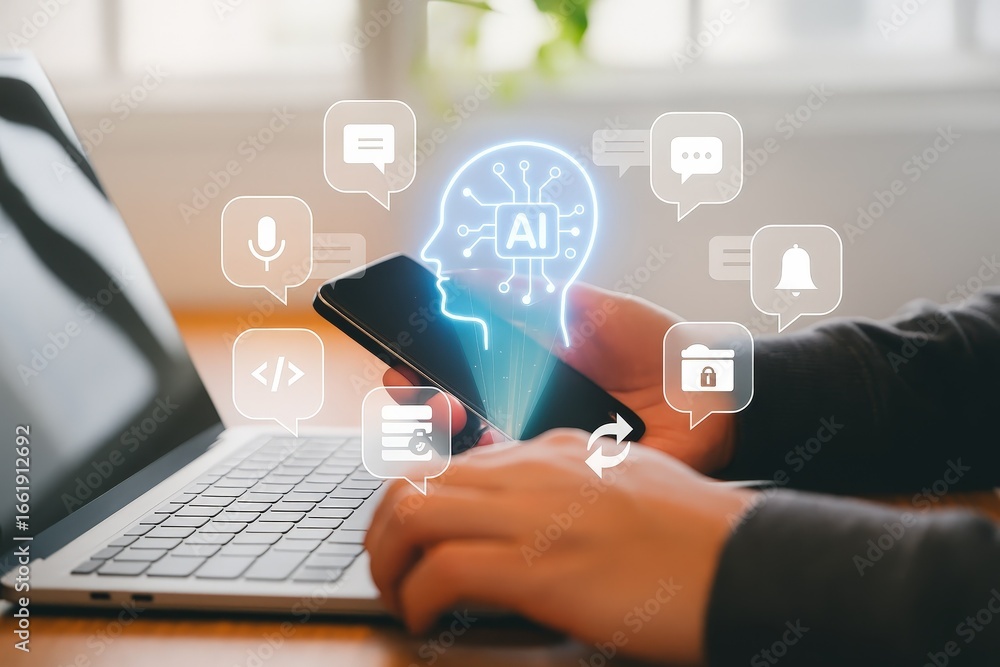 Poster hands holding a phone with an artificial intelligence concept displayed on the screen over a laptop.