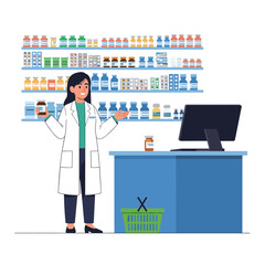 Pharmacist helping customers with medication choices at the pharmacy counter