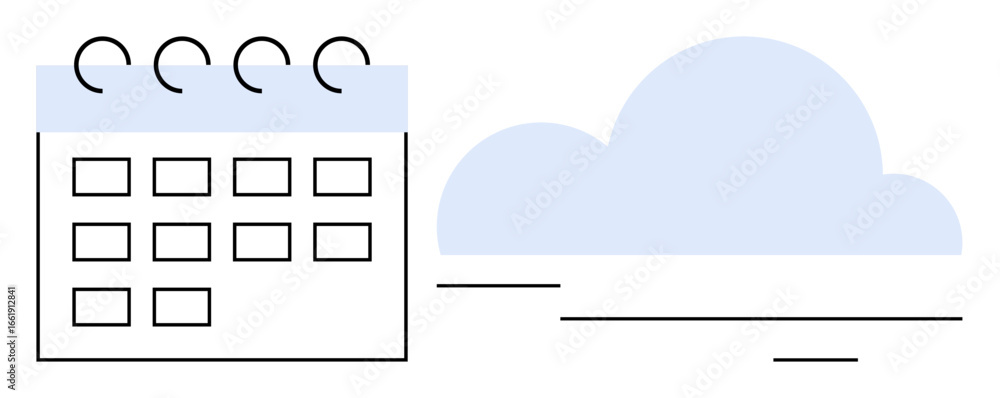 Poster calendar with grid layout and large cloud in the background representing scheduling, time management