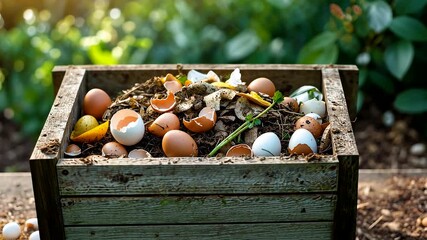 Wooden compost bin filled with eggshells vegetable scraps and food waste placed outdoors in garden environment