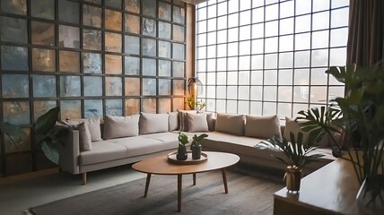 Modern Living Room with Corner Sofa and Grid Window against Grunge Stone Panel Wall...