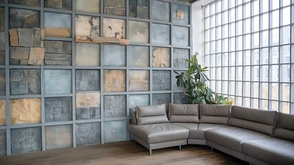 Modern Living Room with Corner Sofa and Grid Window against Grunge Stone Panel Wall....