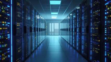 Futuristic Data Center Corridor with Glowing Server Racks and Blue Neon Lighting