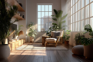 Modern living room interior with natural light and indoor plants