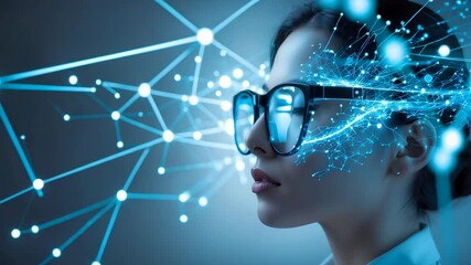 Woman wearing futuristic digital glasses with glowing network connections and blue technology interface background - Powered by Adobe