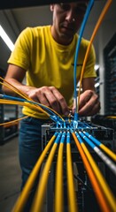 Focused network technician meticulously connects and manages a dense array of vibrant fiber optic cables, optimizing critical infrastructure for high-speed digital data transmission