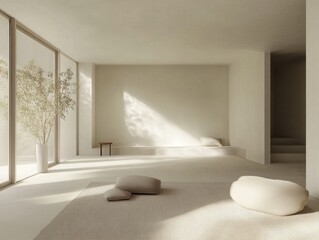 Minimalist living room with serene colors and decluttered decor, exuding peace and simplicity after cleaning, creating a calming and harmonious space