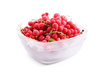 Ripe frozen red currants in bowl isolated on white