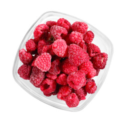 Ripe frozen raspberries in bowl isolated on white, top view