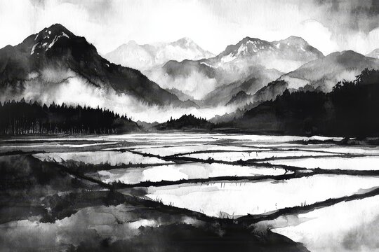 Traditional ink and wash landscape painting is done in an oriental classical style, often featuring line drawing techniques and can also be created digitally