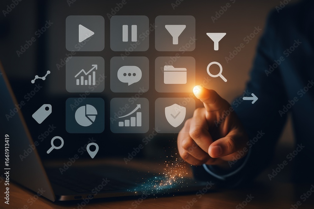 Poster a hand interacts with glowing, data-driven application icons displayed on a laptop screen, showcasin