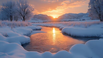 Winter sunrise over snowy river landscape