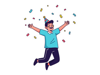 Birthday joy: A young individual leaps in pure elation, surrounded by a cascade of vibrant confetti, capturing the essence of a joyous celebration in this whimsical cartoon.