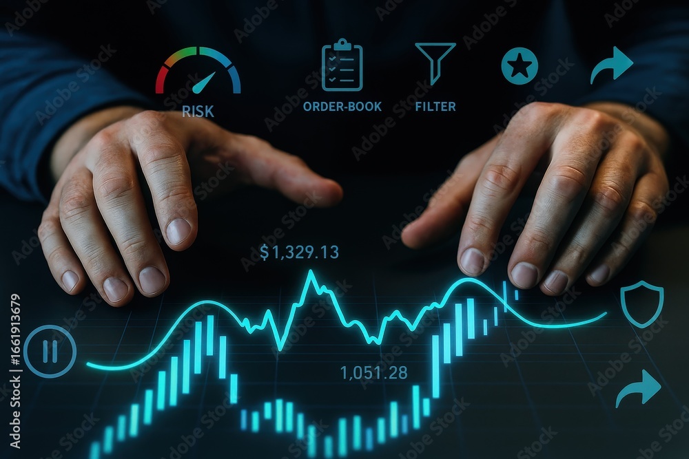 Aufkleber a person's hands interact with a glowing financial chart displayed on a dark surface, highlighting d