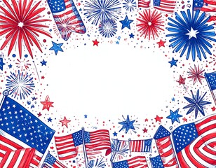 Obraz premium Patriotic frame with American flags, fireworks, and stars; hand-drawn illustration in red, white, and blue; flat lay style on white background; celebratory mood.