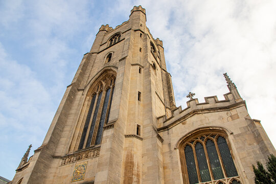Cambridge, England. Upward view of the tower of Great St Mary's, the University Church, built mainly in Perpendicular Gothic style between the late 15th and early 16th century