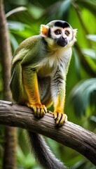 Obraz premium Colorful Squirrel Monkey Clings to Tree Branch