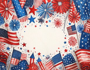 Obraz premium Flat lay watercolor illustration of red, white, and blue American flags, fireworks, and stars, creating a patriotic 4th of July border against a beige background.