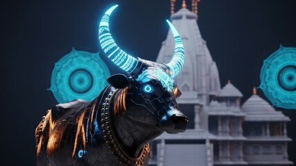 Futuristic robotic cow ancient temple background - Powered by Adobe