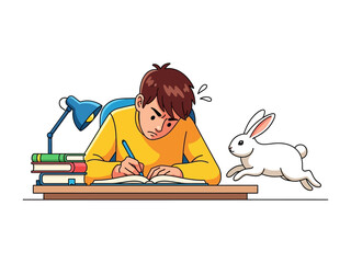 Task Concentration Dilemma: A young boy struggling with homework, distracted by a playful rabbit running nearby. A scene of study.