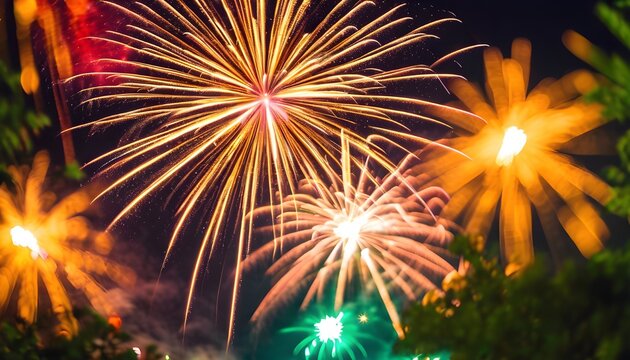 Brilliant Fireworks Burst Against Night Sky