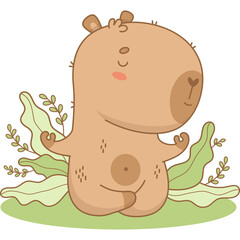 Cute Capybara meditates in lotus pose. Funny calm athlete cartoon animal yogi