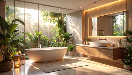 Fototapeta premium Contemporary Bathroom Oasis Serene Interior with Bathtub, Plants, and Natural Light