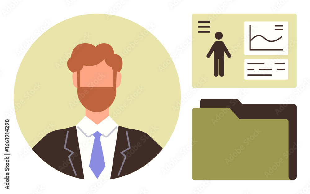 Poster portrait of a man in a suit next to a folder and data report with graphs and figures. ideal for hr, 