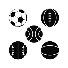 Collection of five different sports balls on a white background