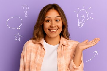 A woman with a joyful expression, showcasing a creative idea, against a vibrant purple backdrop.