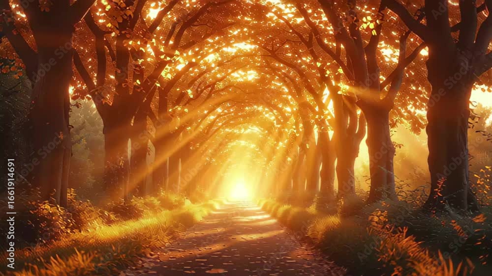 Poster sunlight filters through autumn trees along a tranquil path in a serene forest at sunset