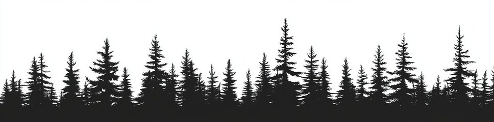 The silhouette of Christmas fir trees in a forest is set against a panorama of coniferous spruce in a park of evergreen wood, presented on a modern white background
