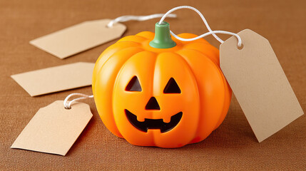 Halloween pumpkin with smiling face and blank brown tags on textured surface, festive decoration with warm orange and brown tones creating cozy autumn atmosphere