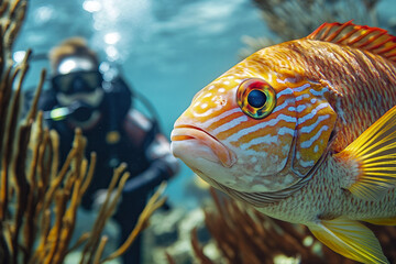 Obraz premium Man woman person scuba diving underwater surrounded by colorful tropical fish in sunlight rays marine exploration generative ai