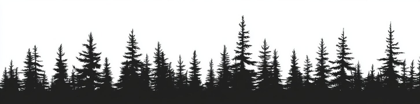 The silhouette of Christmas fir trees in a forest is set against a panorama of coniferous spruce in a park of evergreen wood, presented on a modern white background