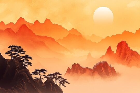 A stylized black ink wash painting of mountains is depicted in a traditional oriental and minimalistic Japanese style, as stock