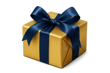 Golden gift box with a blue ribbon on a transparent background