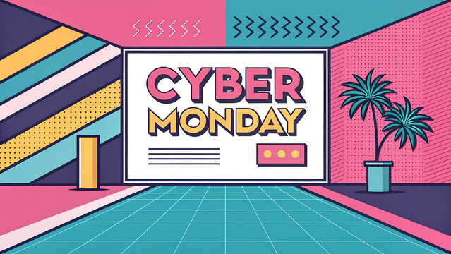 Cyber Monday sale announcement with vibrant colors and retro design, perfect for retail promotions