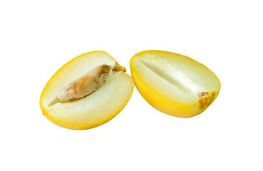 Fresh ripe yellow date palm fruits in two halves in stack isolated with clipping path in png file...
