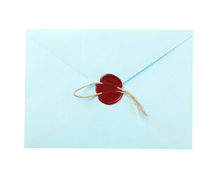 Beautiful envelope with wax seal isolated on white, top view