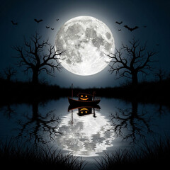 A spooky Halloween scene featuring a boat with a jack-o'-lantern on a moonlit lake surrounded by bats