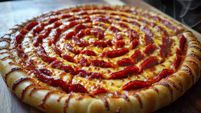Freshly baked pepperoni pizza with a spiral pattern on a wooden surface